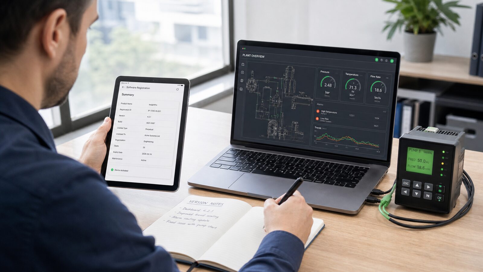 Technology reviewer comparing a software copyright record with a live equipment platform and connected controller