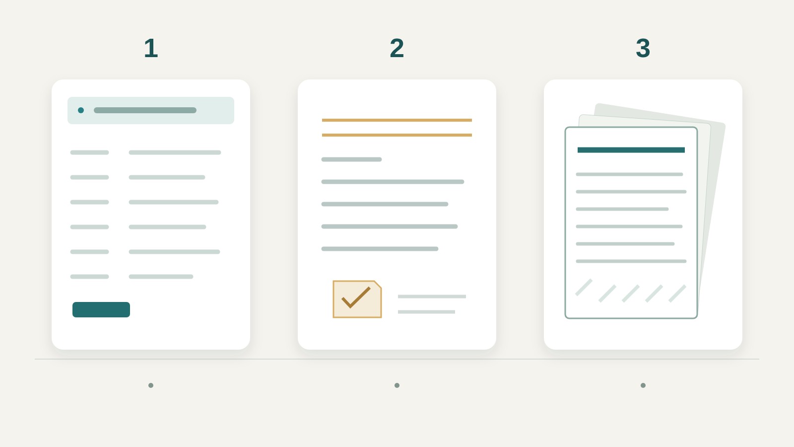 Three illustrated document types: a public company profile, a registration-particulars result and a bundle of filed documents
