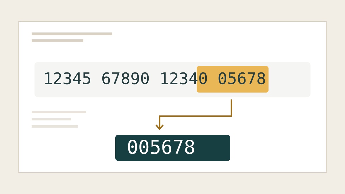 Fictional verification-code example with its last six digits, 005678, highlighted across two printed groups.