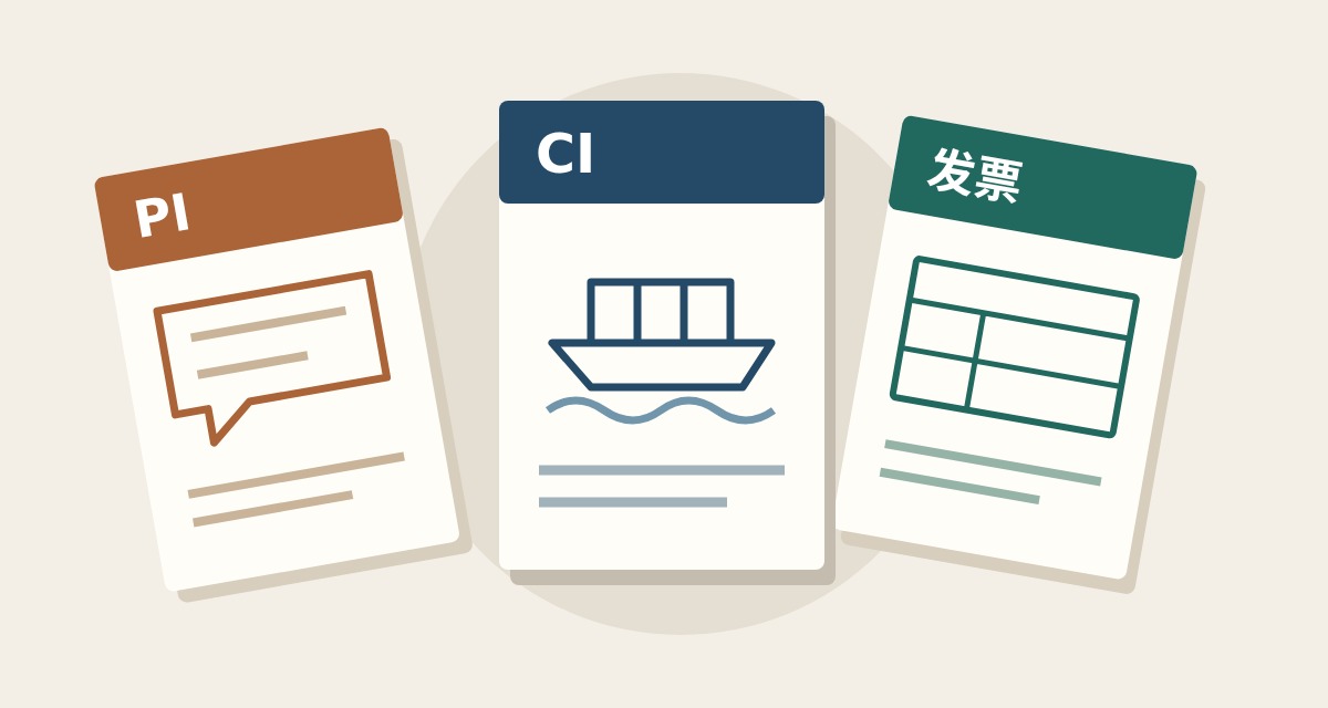Three illustrative documents marked PI, CI and the Chinese word for fapiao, representing different document purposes.